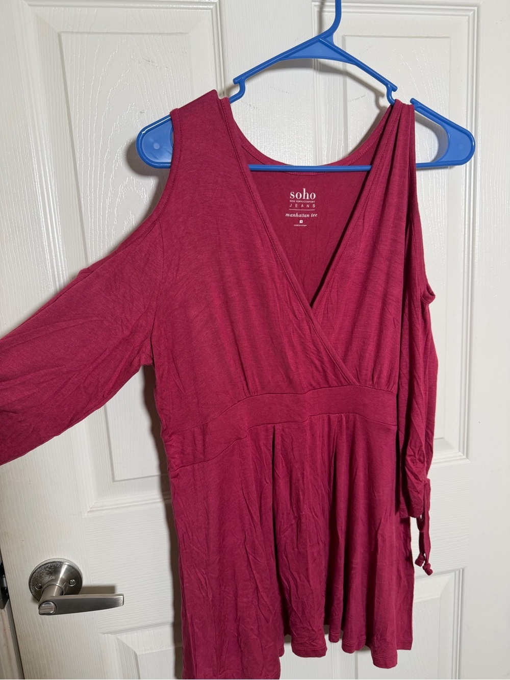 New York & Company Plum Cold-Shoulder Surplice Long Sleeve Top